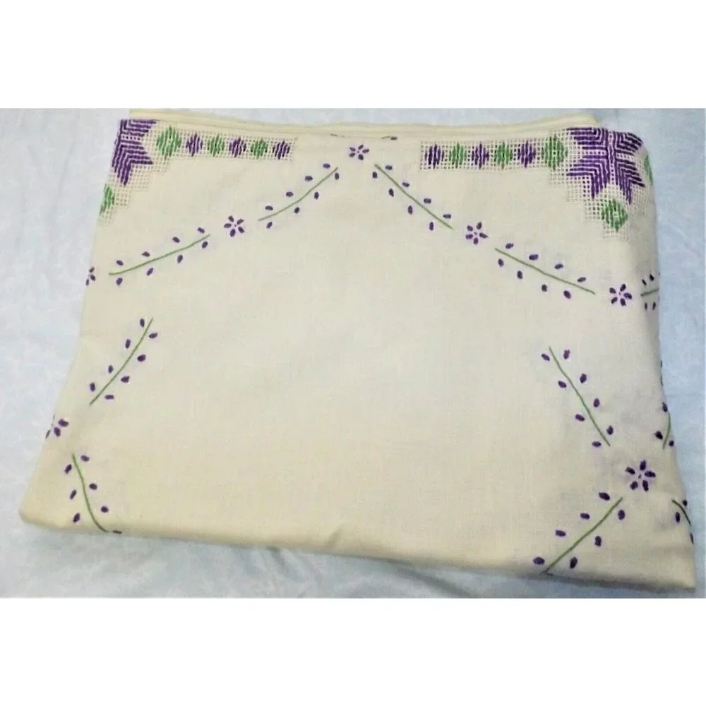 Vintage Embroidered 52 X 68 Beige Linen Tablecloth Purple and Green Design